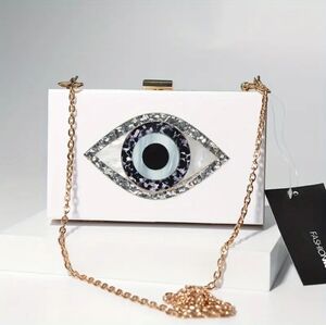 White Eye Design Clutch with Gold Chain